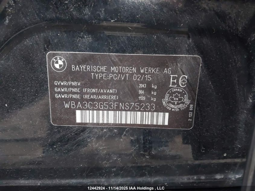 2015 BMW 320 I xDrive VIN: WBA3C3G53FNS75233 Lot: 12442924