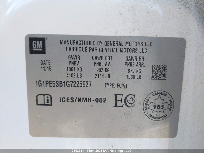 1G1PE5SB1G7225937 2016 CHEVROLET CRUZE photo no. 19