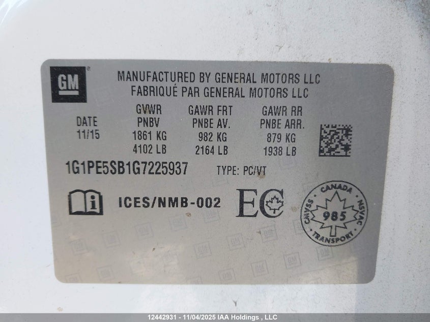 1G1PE5SB1G7225937 2016 CHEVROLET CRUZE photo no. 9