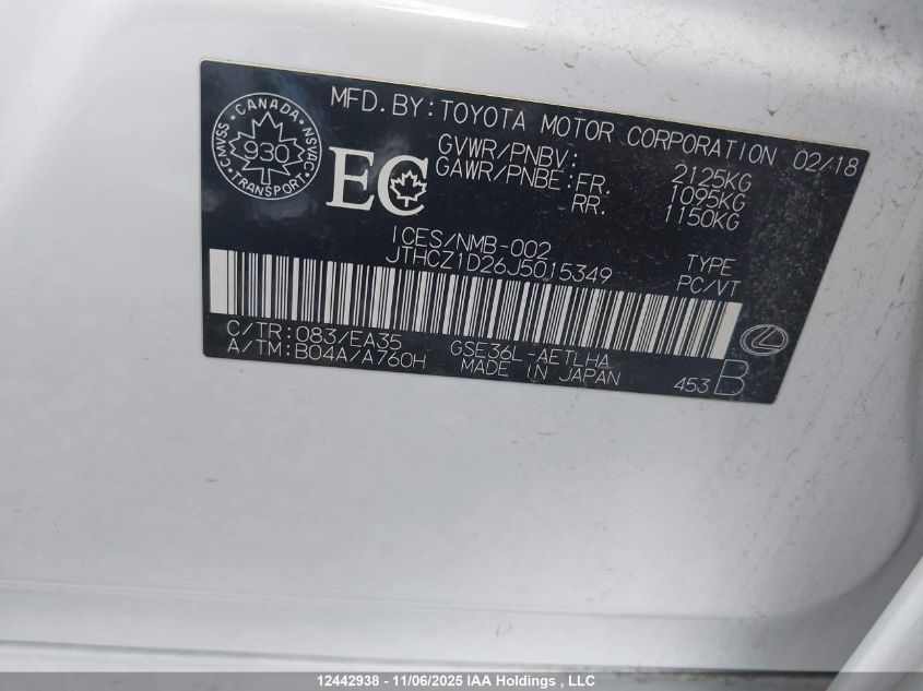 2018 Lexus Is 350 VIN: JTHCZ1D26J5015349 Lot: 12442938