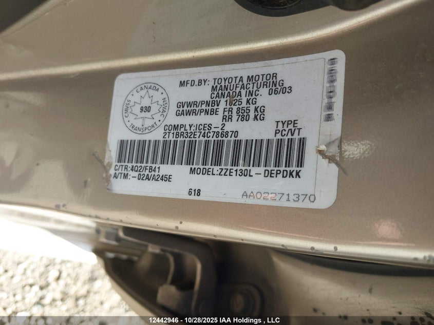 2T1BR32E74C786870 2004 TOYOTA COROLLA photo no. 9