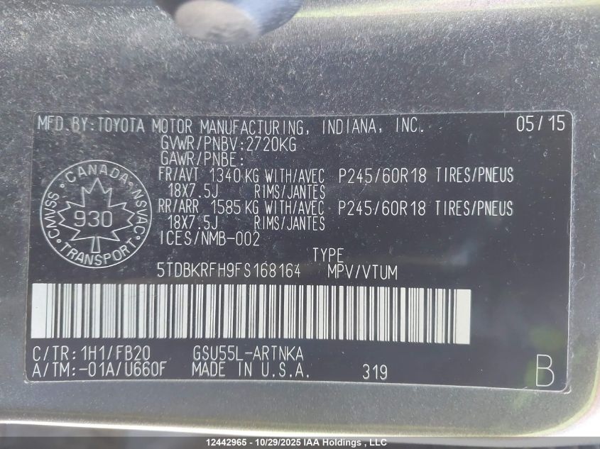 2015 Toyota Highlander Le VIN: 5TDBKRFH9FS168164 Lot: 12442965