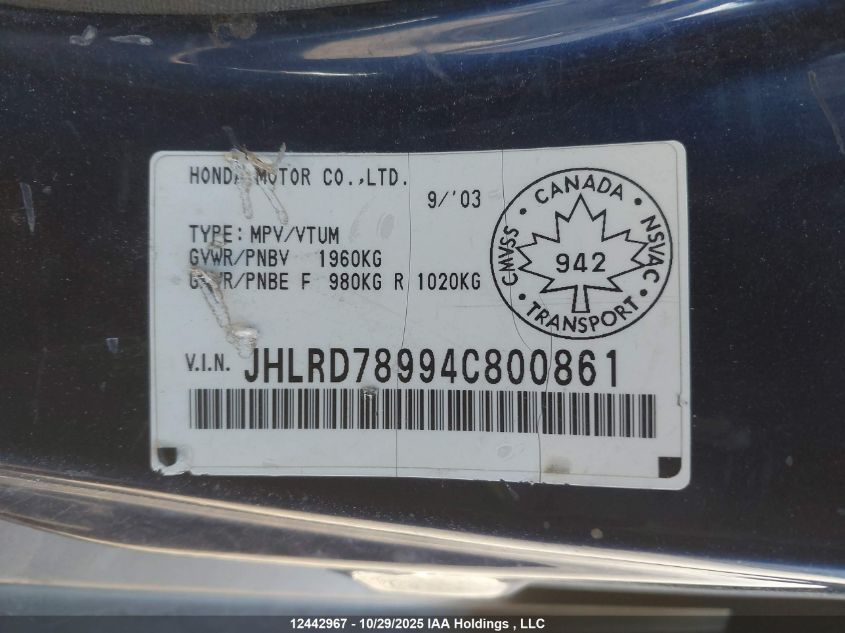 2004 Honda Cr-V Ex-L VIN: JHLRD78994C800861 Lot: 12442967