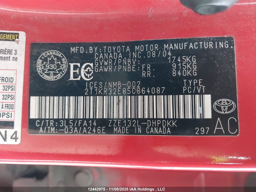 2005 Toyota Matrix Xr VIN: 2T1KR32E85C864087 Lot: 12442975