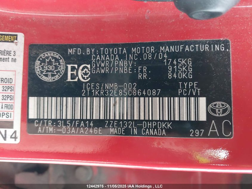 2005 Toyota Matrix Xr VIN: 2T1KR32E85C864087 Lot: 12442975