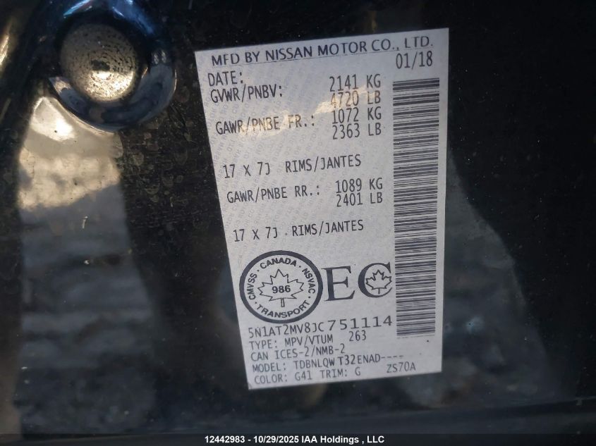 2018 Nissan Rogue Sv/Sl VIN: 5N1AT2MV8JC751114 Lot: 12442983