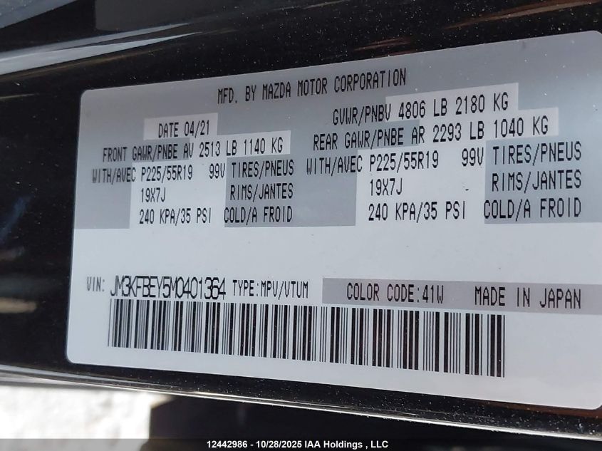 2021 Mazda Cx-5 Signature VIN: JM3KFBEY5M0401364 Lot: 12442986