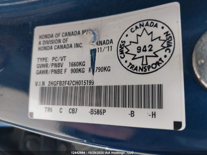 2012 Honda Civic Lx VIN: 2HGFB2F47CH015199 Lot: 12442994