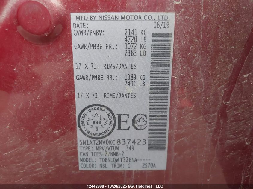 2019 Nissan Rogue S/Sl/Sv VIN: 5N1AT2MV0KC837423 Lot: 12442998