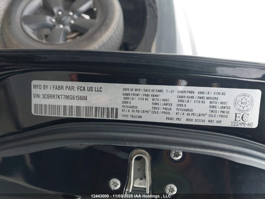 2021 Ram 1500 Classic Tradesman VIN: 3C6RR7KT7MG615604 Lot: 12443000