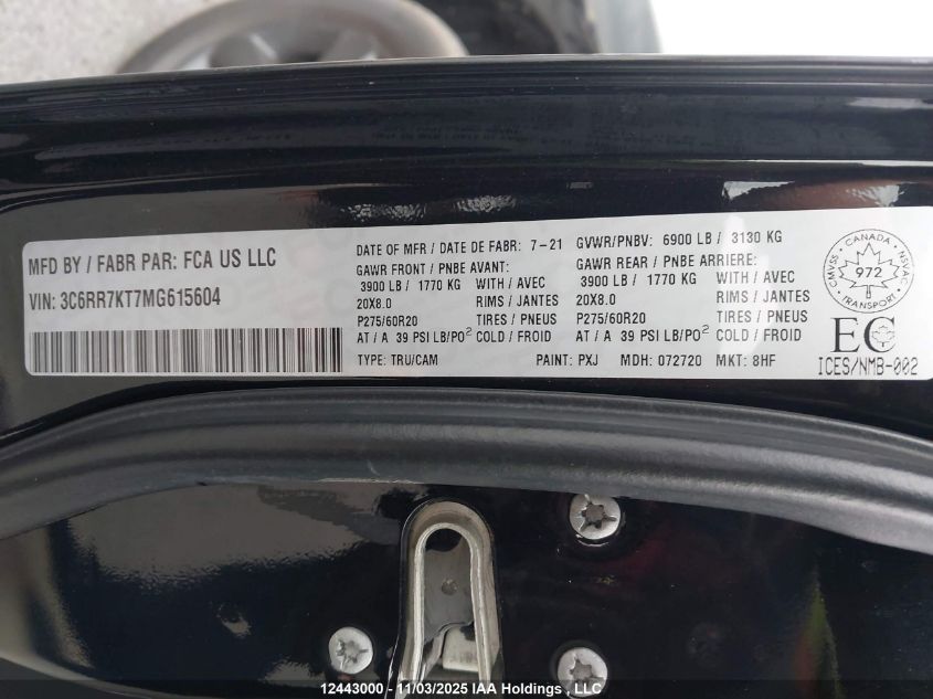 2021 Ram 1500 Classic Tradesman VIN: 3C6RR7KT7MG615604 Lot: 12443000