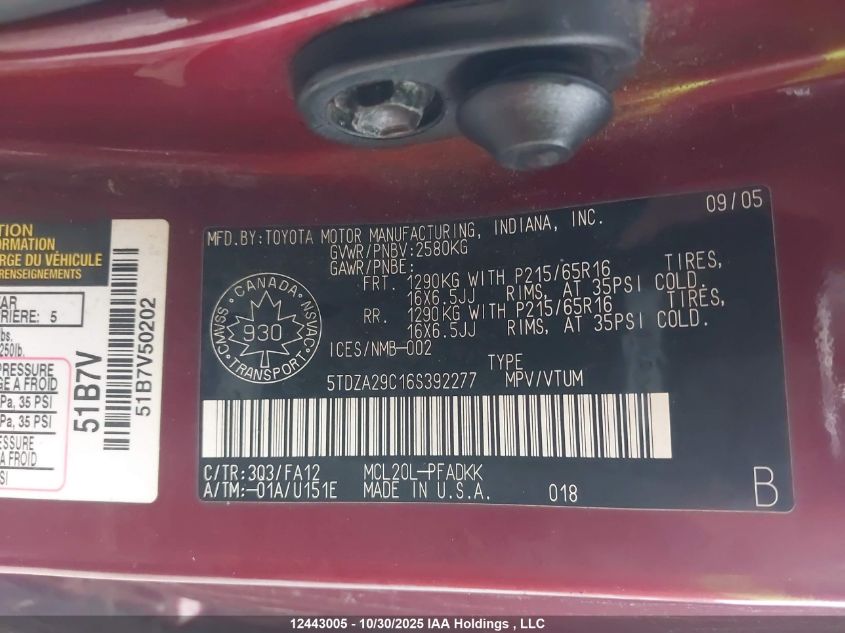 2006 Toyota Sienna Ce 7 Passenger/Ce 8 Passenger VIN: 5TDZA29C16S392277 Lot: 12443005