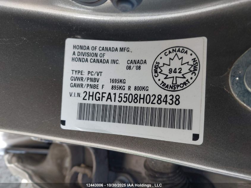 2008 Honda Civic Lx VIN: 2HGFA15508H028438 Lot: 12443006