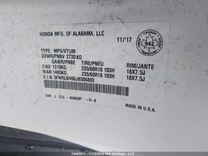 2018 Honda Odyssey Ex-L VIN: 5FNRL6H66JB506803 Lot: 12443011