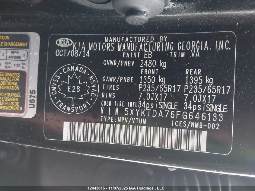 2015 Kia Sorento Lx VIN: 5XYKTDA76FG646133 Lot: 12443015