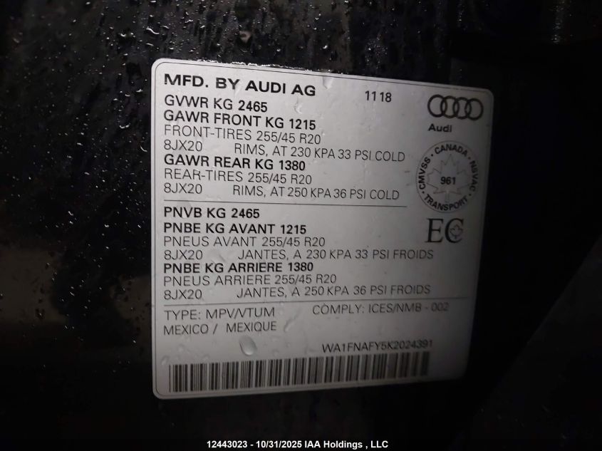 2019 Audi Q5 45 Technik VIN: WA1FNAFY5K2024391 Lot: 12443023