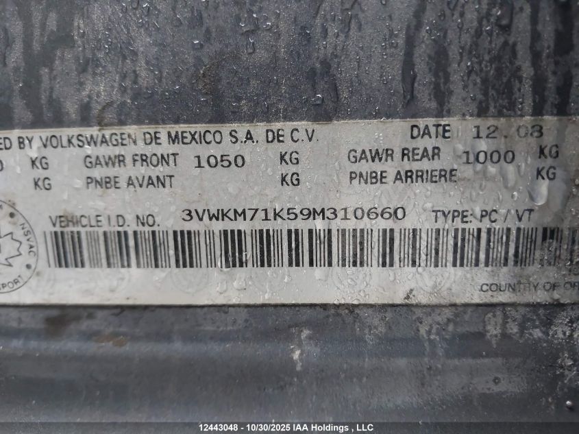 2009 Volkswagen Jetta S VIN: 3VWKM71K59M310660 Lot: 12443048