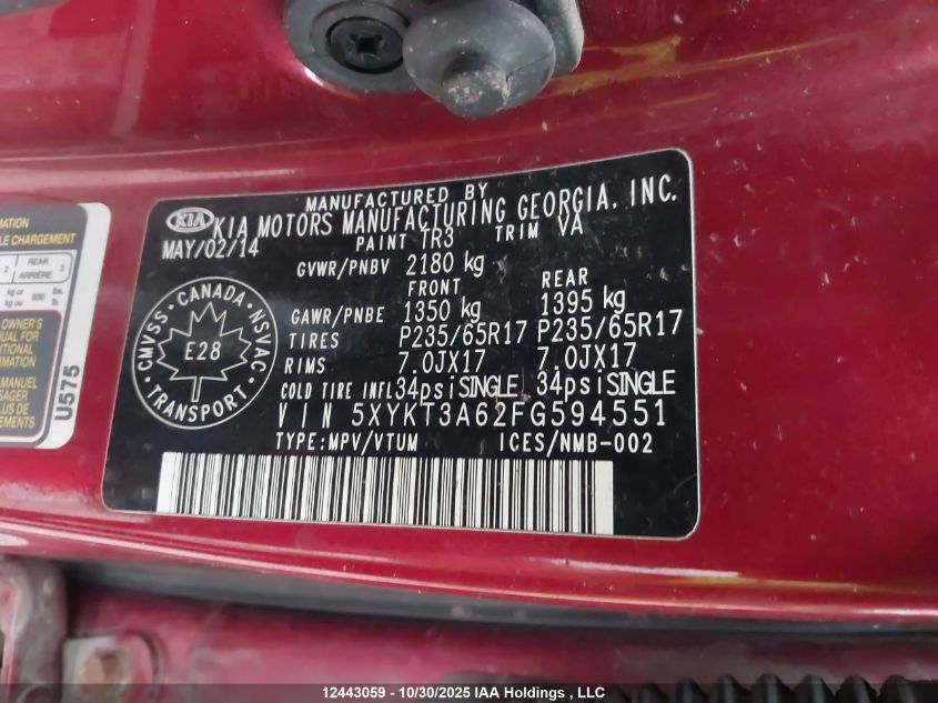 2015 Kia Sorento Lx VIN: 5XYKT3A62FG594551 Lot: 12443059