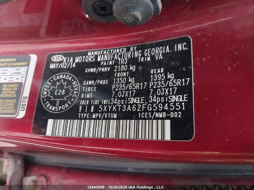 2015 Kia Sorento Lx VIN: 5XYKT3A62FG594551 Lot: 12443059