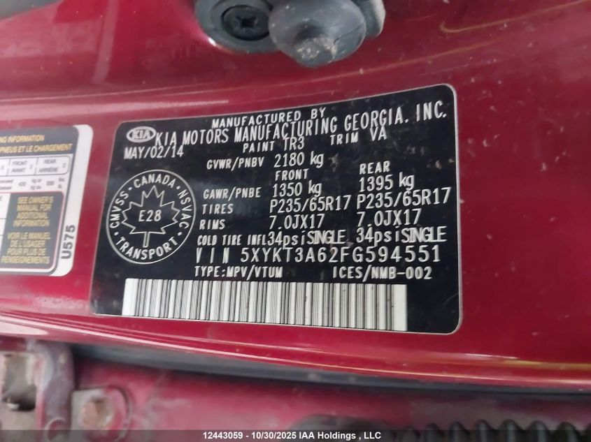 2015 Kia Sorento Lx VIN: 5XYKT3A62FG594551 Lot: 12443059