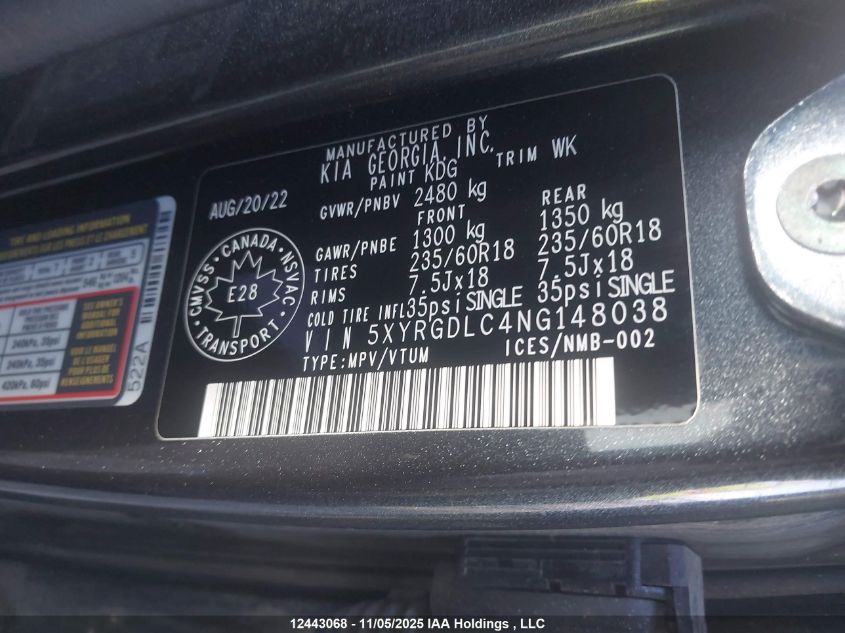 2022 Kia Sorento 2.5L Lx Premium/2.5L Lx+ VIN: 5XYRGDLC4NG148038 Lot: 12443068