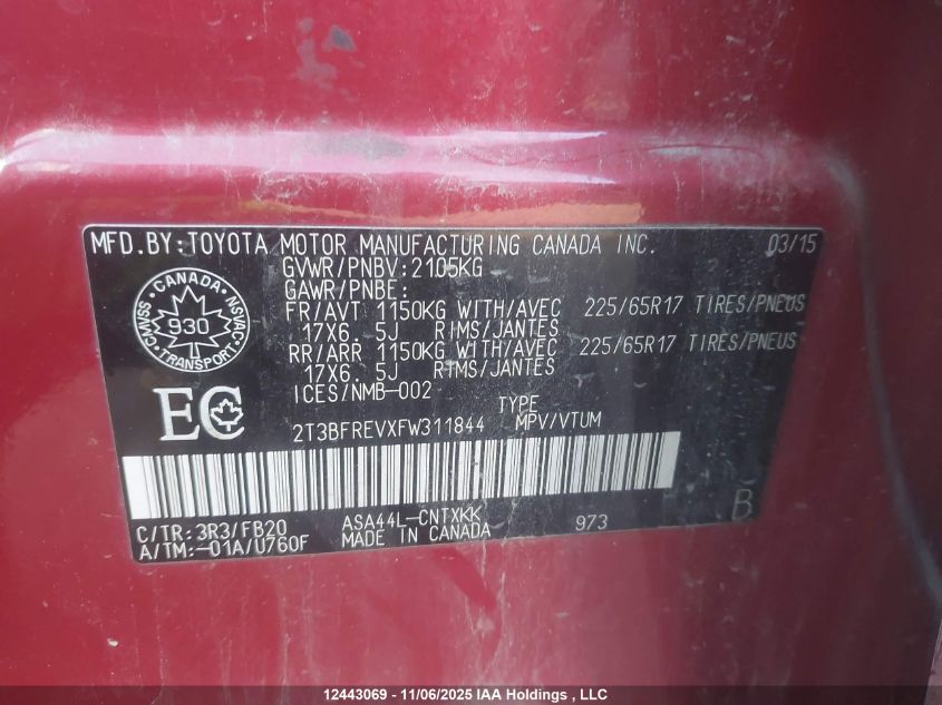 2015 Toyota Rav4 VIN: 2T3BFREVXFW311844 Lot: 12443069