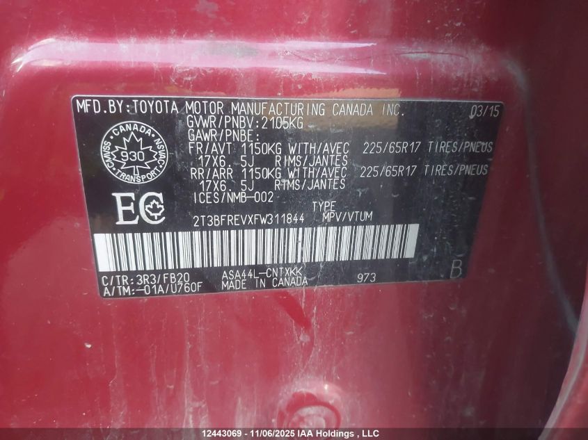 2015 Toyota Rav4 VIN: 2T3BFREVXFW311844 Lot: 12443069