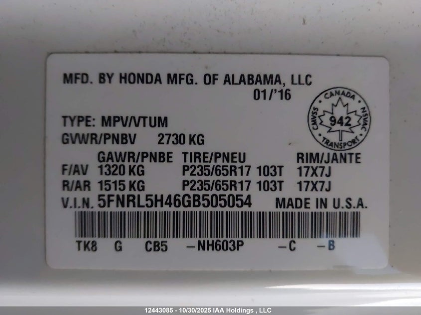 5FNRL5H46GB505054 2016 HONDA ODYSSEY photo no. 9