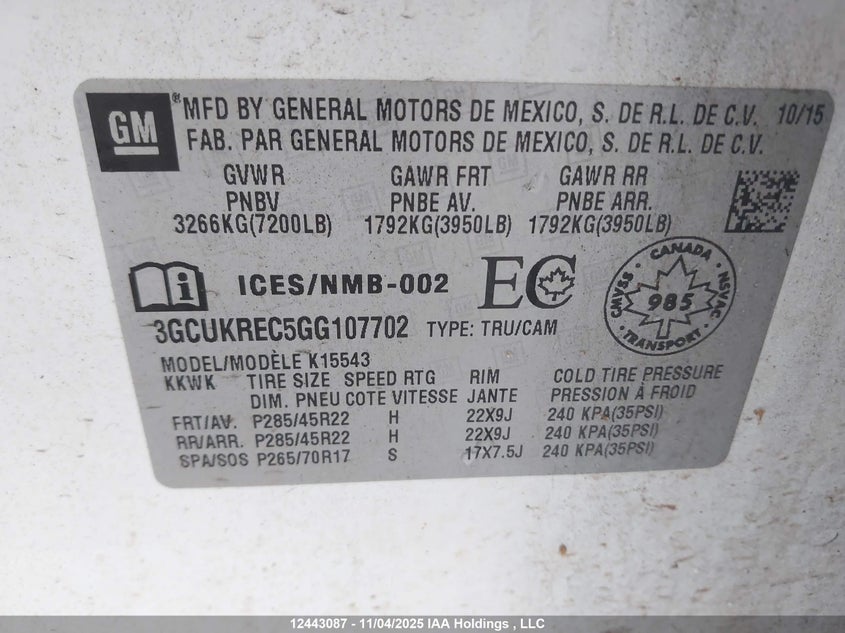 3GCUKREC5GG107702 2016 CHEVROLET SILVERADO photo no. 9