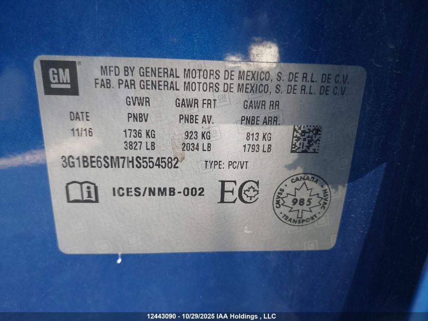 2017 Chevrolet Cruze Lt VIN: 3G1BE6SM7HS554582 Lot: 12443090