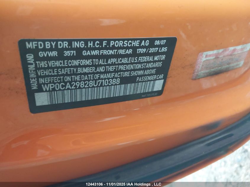 2008 Porsche Boxster VIN: WP0CA29828U710388 Lot: 12443106