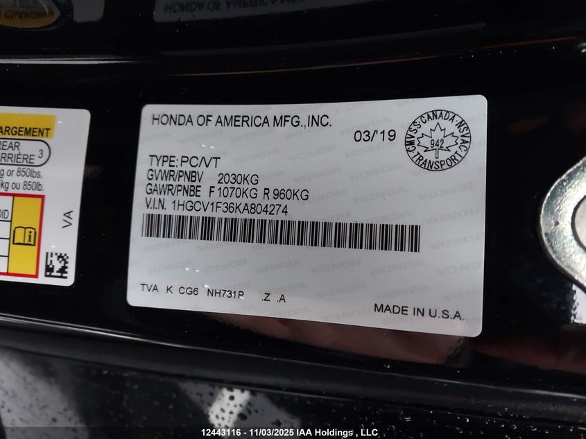 1HGCV1F36KA804274 2019 HONDA ACCORD photo no. 9