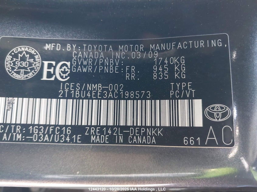 2T1BU4EE3AC198573 2010 TOYOTA COROLLA photo no. 9