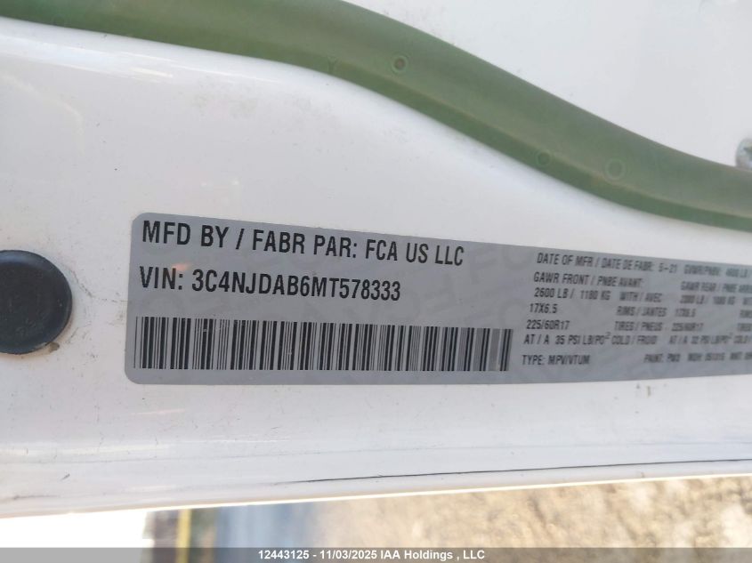 2021 Jeep Compass Upland Edition VIN: 3C4NJDAB6MT578333 Lot: 12443125