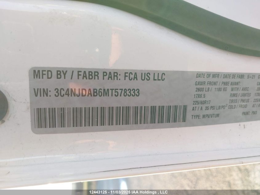 2021 Jeep Compass Upland Edition VIN: 3C4NJDAB6MT578333 Lot: 12443125