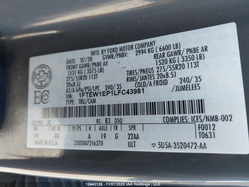 1FTEW1EP1LFC43981 2020 FORD F-150 photo no. 9