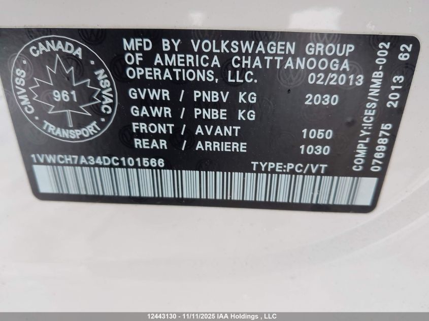2013 Volkswagen Passat 2.5L Highline VIN: 1VWCH7A34DC101566 Lot: 12443130
