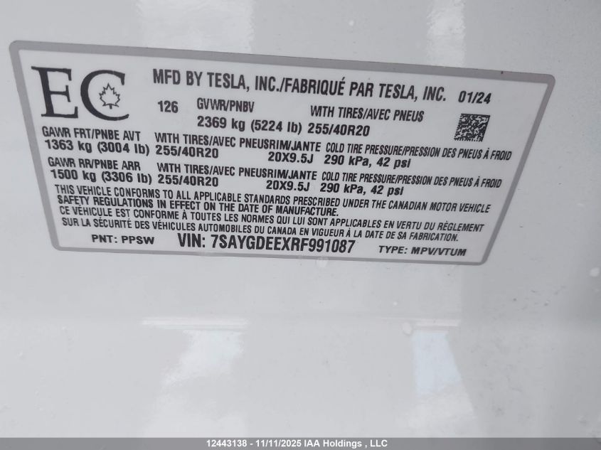 2024 Tesla Model Y Long Range VIN: 7SAYGDEEXRF991087 Lot: 12443138