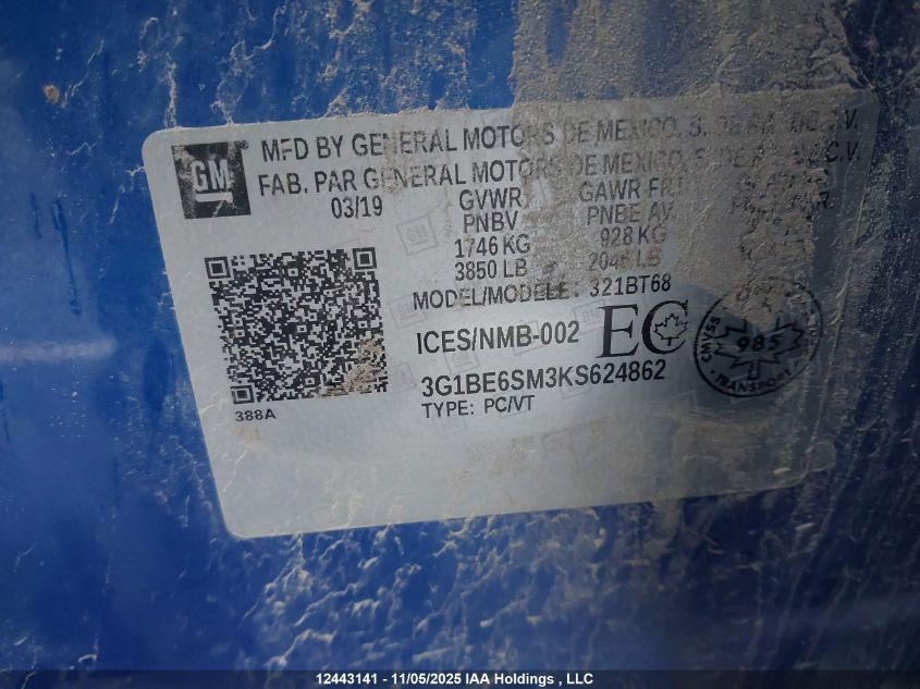 2019 Chevrolet Cruze Lt VIN: 3G1BE6SM3KS624862 Lot: 12443141