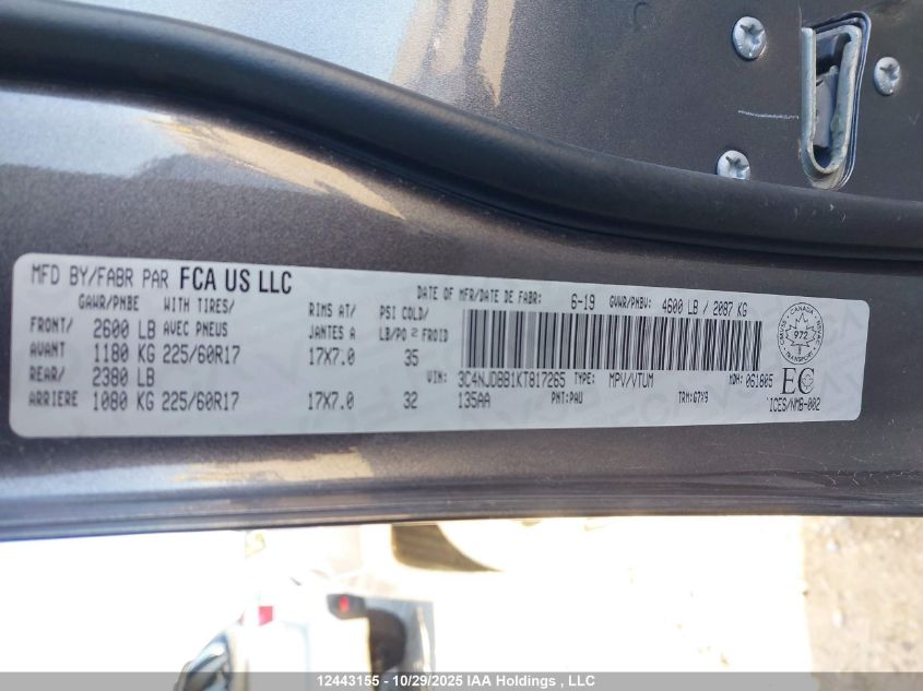 2019 Jeep Compass Latitude VIN: 3C4NJDBB1KT817265 Lot: 12443155