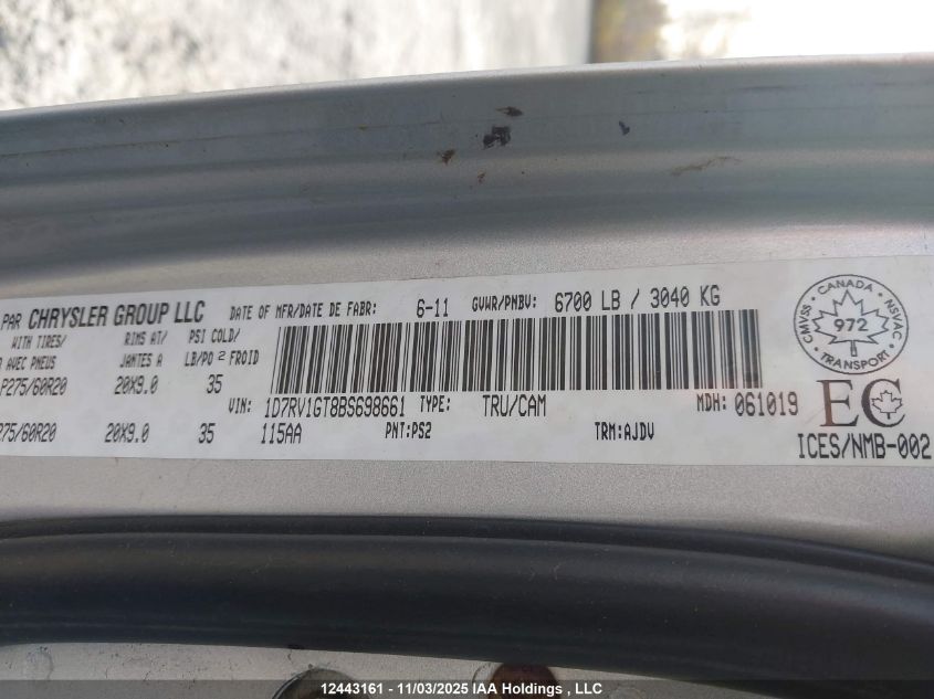 2011 Dodge Ram 1500 Sport VIN: 1D7RV1GT8BS698661 Lot: 12443161