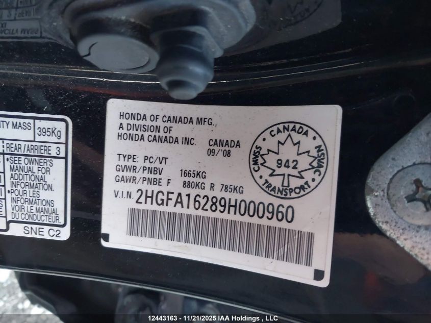 2009 Honda Civic Dx/Dx-A VIN: 2HGFA16289H000960 Lot: 12443163