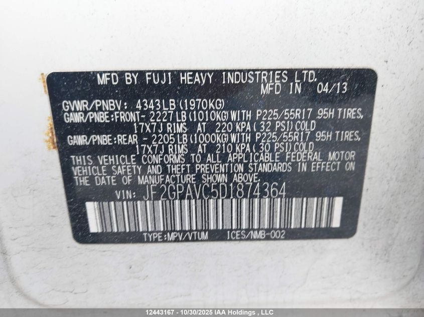 2013 Subaru Xv Crosstrek Sport Package/Touring VIN: JF2GPAVC5D1874364 Lot: 12443167