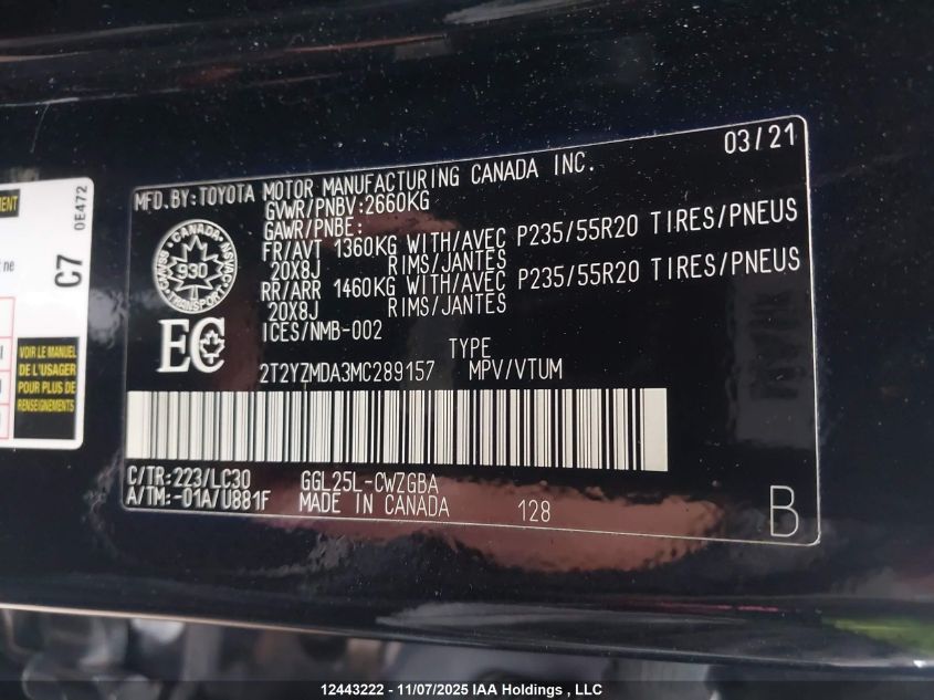 2021 Lexus Rx 350 VIN: 2T2YZMDA3MC289157 Lot: 12443222