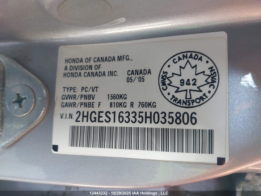 2HGES16335H035806 2005 HONDA CIVIC photo no. 9