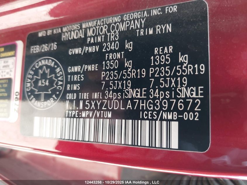 2017 Hyundai Santa Fe Sport VIN: 5XYZUDLA7HG397672 Lot: 12443258