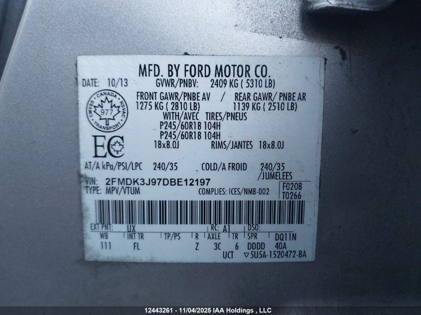 2013 Ford Edge Sel VIN: 2FMDK3J97DBE12197 Lot: 12443261