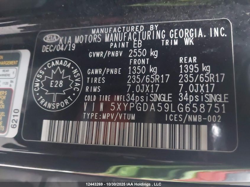 2020 Kia Sorento 3.3L Black Line/3.3L Lx+ VIN: 5XYPGDA59LG658751 Lot: 12443269