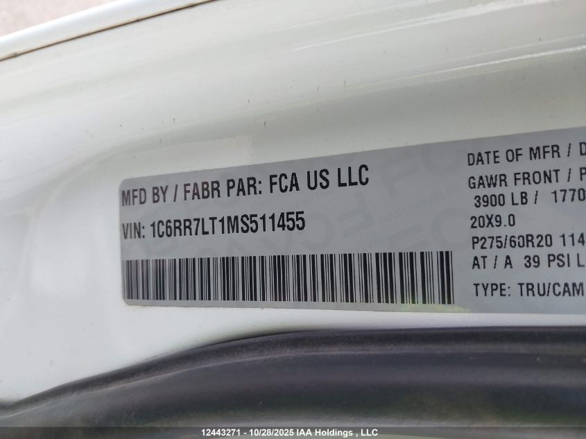 2021 Ram 1500 Classic Slt VIN: 1C6RR7LT1MS511455 Lot: 12443271