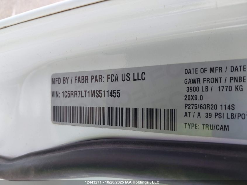 2021 Ram 1500 Classic Slt VIN: 1C6RR7LT1MS511455 Lot: 12443271